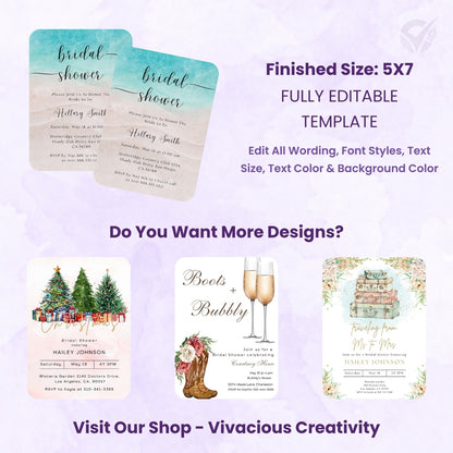 Beach Theme Bridal Shower Invitations Editable Canva Template Digital Download