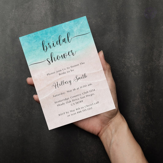Beach Theme Bridal Shower Invitations Editable Canva Template Digital Download