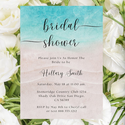 Beach Theme Bridal Shower Invitations Editable Canva Template Digital Download