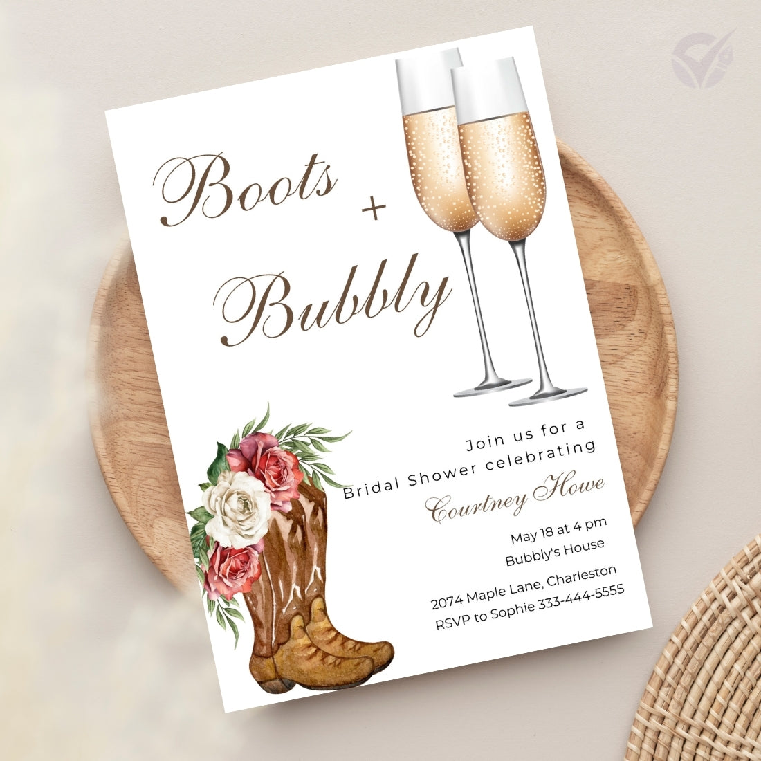 Bridal Shower Invitations Wedding "Boots & Bubbly" Theme Editable Canva Template