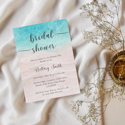 Beach Theme Bridal Shower Invitations Editable Canva Template Digital Download