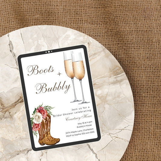 Bridal Shower Invitations Wedding "Boots & Bubbly" Theme Editable Canva Template