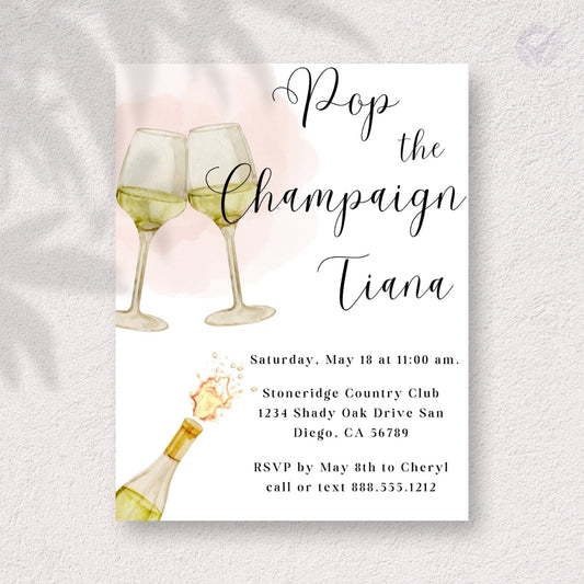 Wine Themed Bridal Shower Invitations "Pop the Champagne" Editable Canva Template