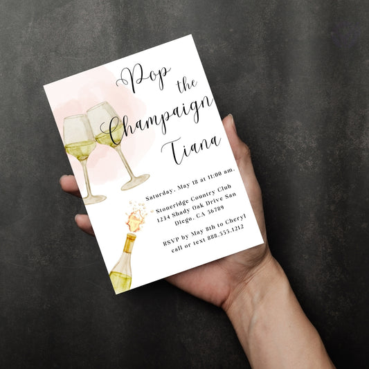 Wine Themed Bridal Shower Invitations "Pop the Champagne" Editable Canva Template