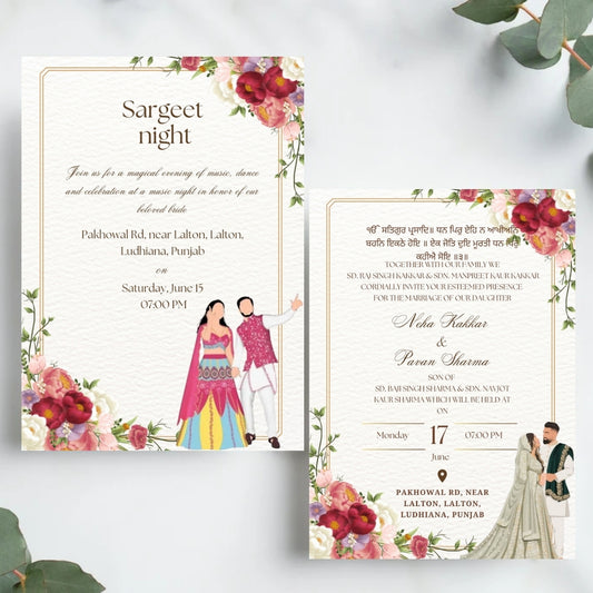 Indian Invitation Wording Sikh Wedding – 5×7 Editable Canva Templates | 8-Card Sikh Wedding Invite Set with Illustrations
