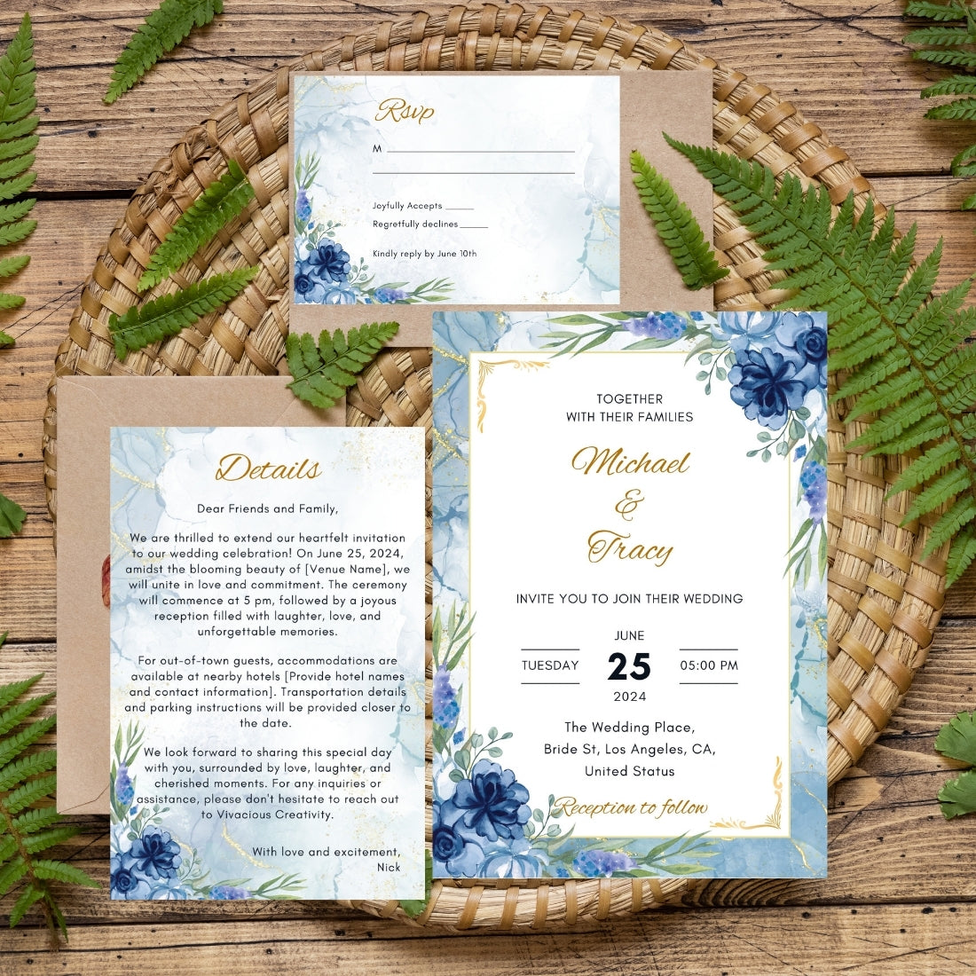 Wedding Invitations With RSVP 3 Editable Canva Templates Main Card, RSVP & Details Card Instant Digital Download