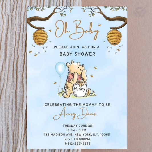 Oh Baby Winnie the Pooh Baby Shower Invitation Editable Canva Template Classic Pooh Bear Baby Shower Invite Instant Digital Download
