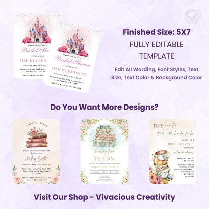 Disney Themed Bridal Shower Invitations Editable Canva Template Digital Download