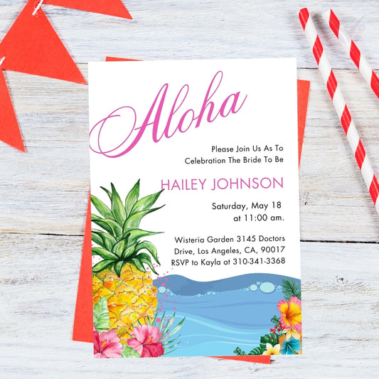 Hawaiian Themed Bridal Shower Invitations Editable Canva Template Digital Download
