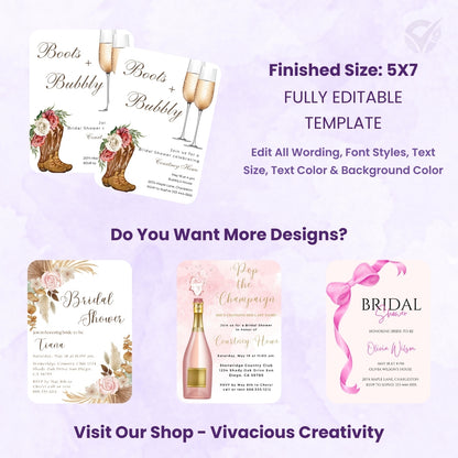 Bridal Shower Invitations Wedding "Boots & Bubbly" Theme Editable Canva Template