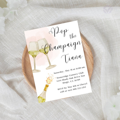 Wine Themed Bridal Shower Invitations "Pop the Champagne" Editable Canva Template