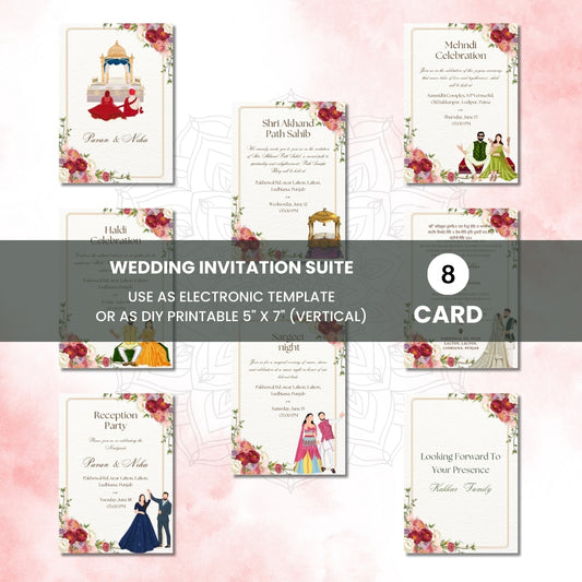 Sikh Wedding Invitations UK – 8 Card Digital Suite with Illustrated Designs (Editable in Canva)