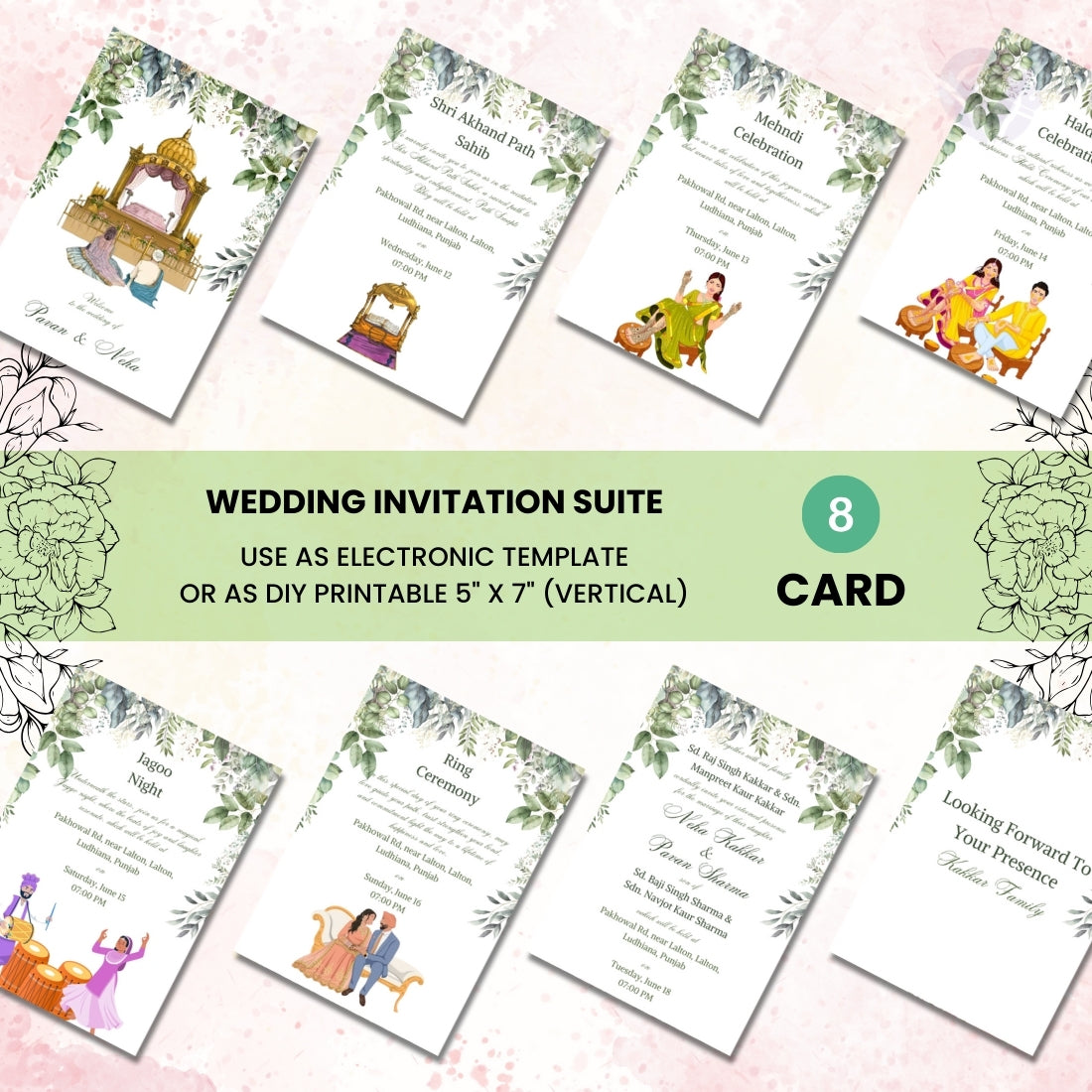 Illustrated Sikh Wedding Invitation Templates 8 Card Editable Canva Suite Digital Punjabi Wedding Invitation Set