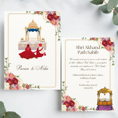 Sikh Wedding Invitations UK – 8 Card Digital Suite with Illustrated Designs (Editable in Canva)