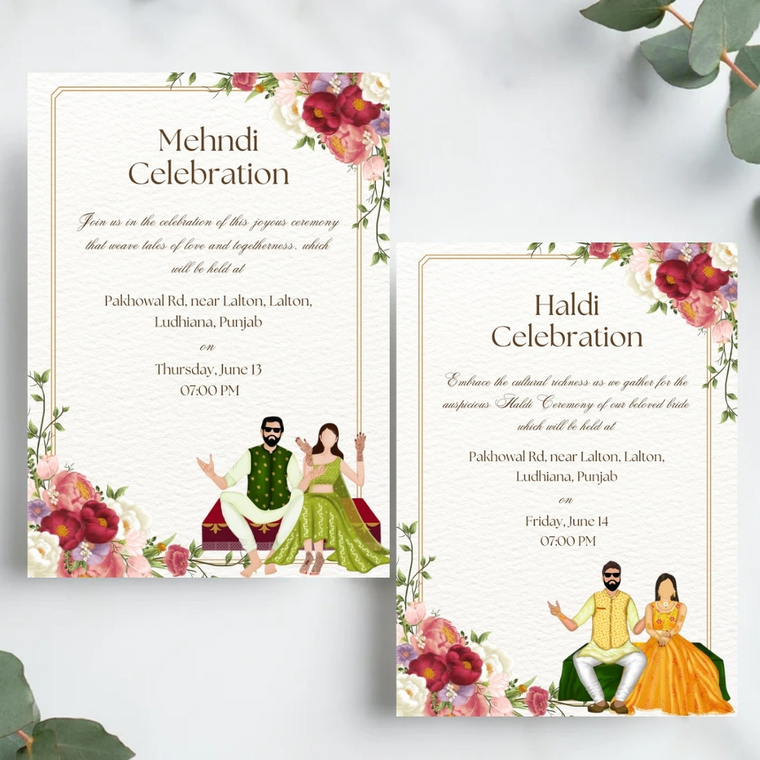 Sikh Wedding Invitations UK – 8 Card Digital Suite with Illustrated Designs (Editable in Canva)