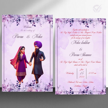 Sikh Marriage Invitation Wordings – Editable 2-Card Digital Template with Punjabi Couple Illustration Canva Wedding Invite Download