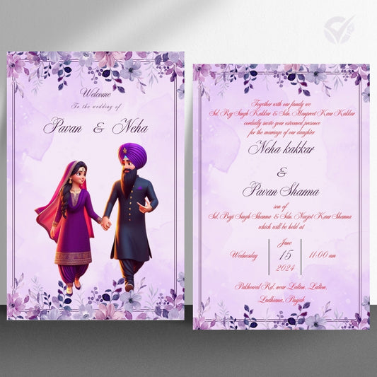 Sikh Marriage Invitation Wordings – Editable 2-Card Digital Template with Punjabi Couple Illustration Canva Wedding Invite Download