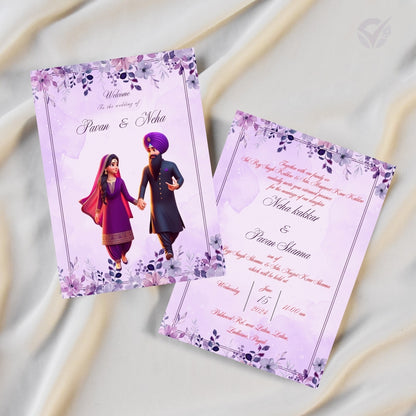 Sikh Marriage Invitation Wordings – Editable 2-Card Digital Template with Punjabi Couple Illustration Canva Wedding Invite Download