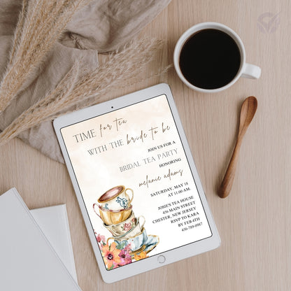 Tea Party Bridal Shower Invitation Editable Canva Template Vintage Garden Party Invite Instant Digital Download