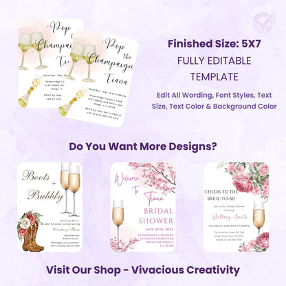 Wine Themed Bridal Shower Invitations "Pop the Champagne" Editable Canva Template