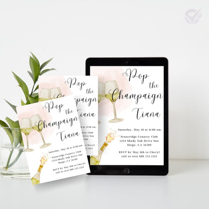 Wine Themed Bridal Shower Invitations "Pop the Champagne" Editable Canva Template