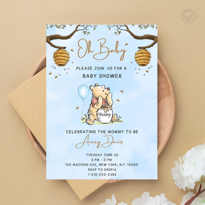 Oh Baby Winnie the Pooh Baby Shower Invitation Editable Canva Template Classic Pooh Bear Baby Shower Invite Instant Digital Download