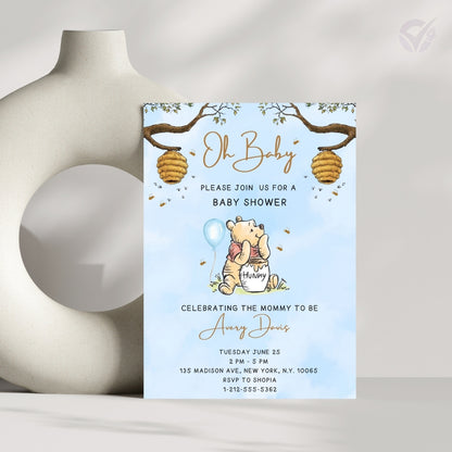 Oh Baby Winnie the Pooh Baby Shower Invitation Editable Canva Template Classic Pooh Bear Baby Shower Invite Instant Digital Download