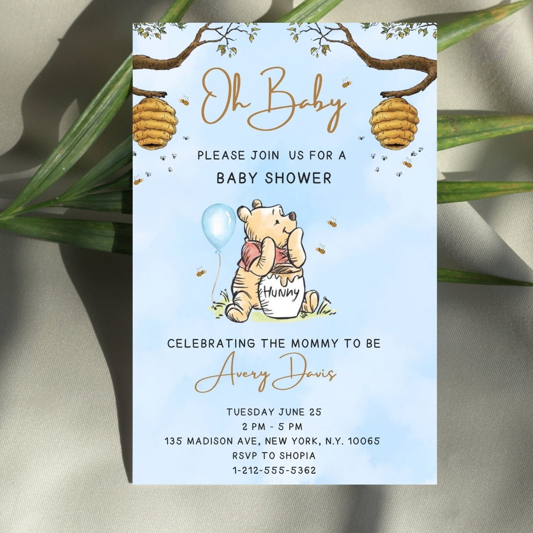 Oh Baby Winnie the Pooh Baby Shower Invitation Editable Canva Template Classic Pooh Bear Baby Shower Invite Instant Digital Download