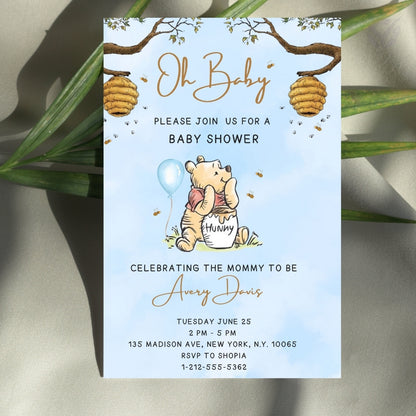 Oh Baby Winnie the Pooh Baby Shower Invitation Editable Canva Template Classic Pooh Bear Baby Shower Invite Instant Digital Download