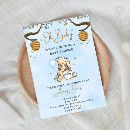 Oh Baby Winnie the Pooh Baby Shower Invitation Editable Canva Template Classic Pooh Bear Baby Shower Invite Instant Digital Download