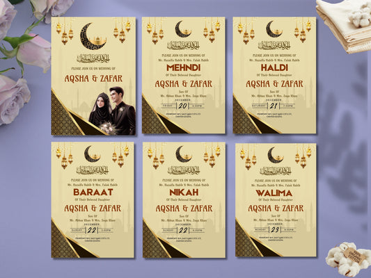 Islamic Wedding Invitation Cards – 6 Card Editable Muslim Wedding Template | Canva Instant Download