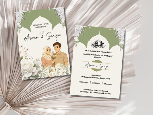 Muslim Wedding Invitation Cards – 2 Page Editable Canva Template | Nikah Card Digital Download